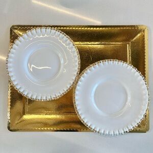 Set of 2 Vintage Fenton ruffle clear edge Silver Crest milk glass plates  8.5”